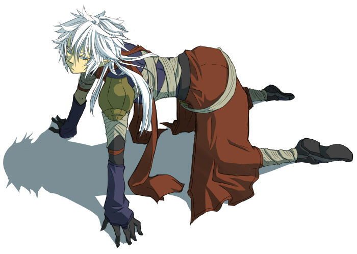 1boy all_fours alternate_color arm_warmers armor assassin_(ragnarok_online) azumi_on bandages bangs black_footwear black_gloves cape closed_mouth commentary_request elbow_gloves expressionless full_body gloves green_eyes hair_between_eyes long_hair looking_to_the_side male_focus pauldrons pointy_ears purple_shirt ragnarok_online red_cape red_scarf scarf shirt shoes shoulder_armor simple_background solo waist_cape white_background white_hair