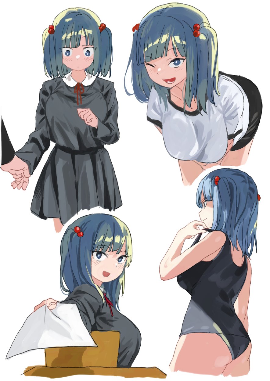 1girl black_dress blazer blue_eyes blue_hair buruma collar dress eyelashes from_behind hand_grab highres jacket kawashiro_nitori medium_hair multiple_persona neck_ribbon okbnkn one_eye_closed paper red_ribbon ribbon shirt simple_background solo swimsuit t-shirt touhou twintails two_side_up white_background white_collar white_shirt