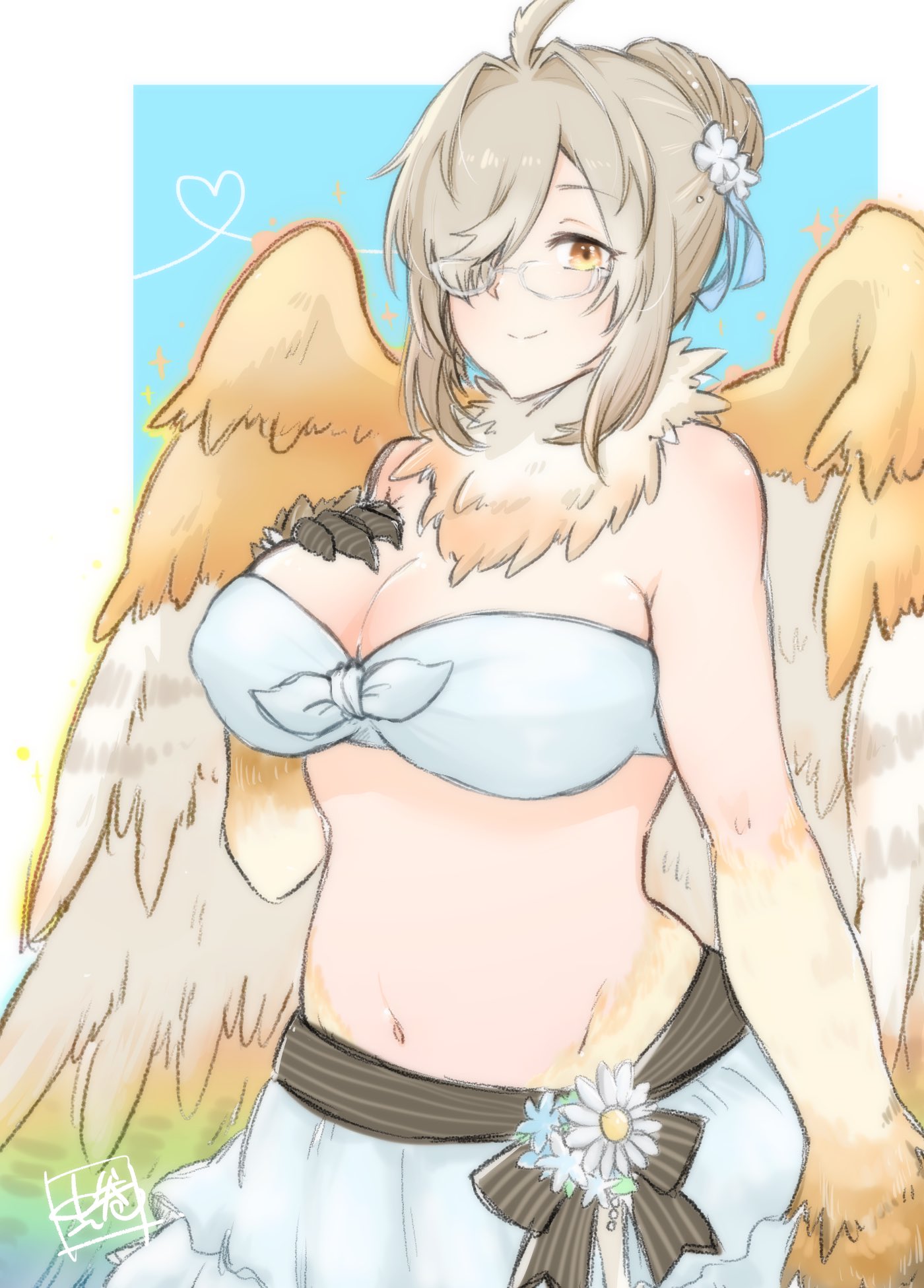 1girl ahoge animal_hands bare_shoulders breasts brown_hair commentary_request feathered_wings feathers flower glasses hair_bun hair_intakes hair_over_one_eye hand_on_own_chest harpy highres large_breasts midriff monster_girl navel neck_ruff nina27_sg semi-rimless_eyewear sidelocks smile solo swimsuit tokyo_afterschool_summoners white-framed_eyewear white_feathers wings yellow_eyes ziz_(housamo)