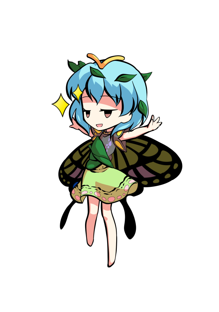 1girl antennae aqua_hair barefoot brown_eyes butterfly_wings chibi dairi dress eternity_larva eyebrows_visible_through_hair fairy full_body green_dress hair_between_eyes leaf leaf_on_head multicolored_clothes multicolored_dress open_mouth short_hair short_sleeves single_strap smug solo sparkle spread_legs standing tachi-e touhou transparent_background wings