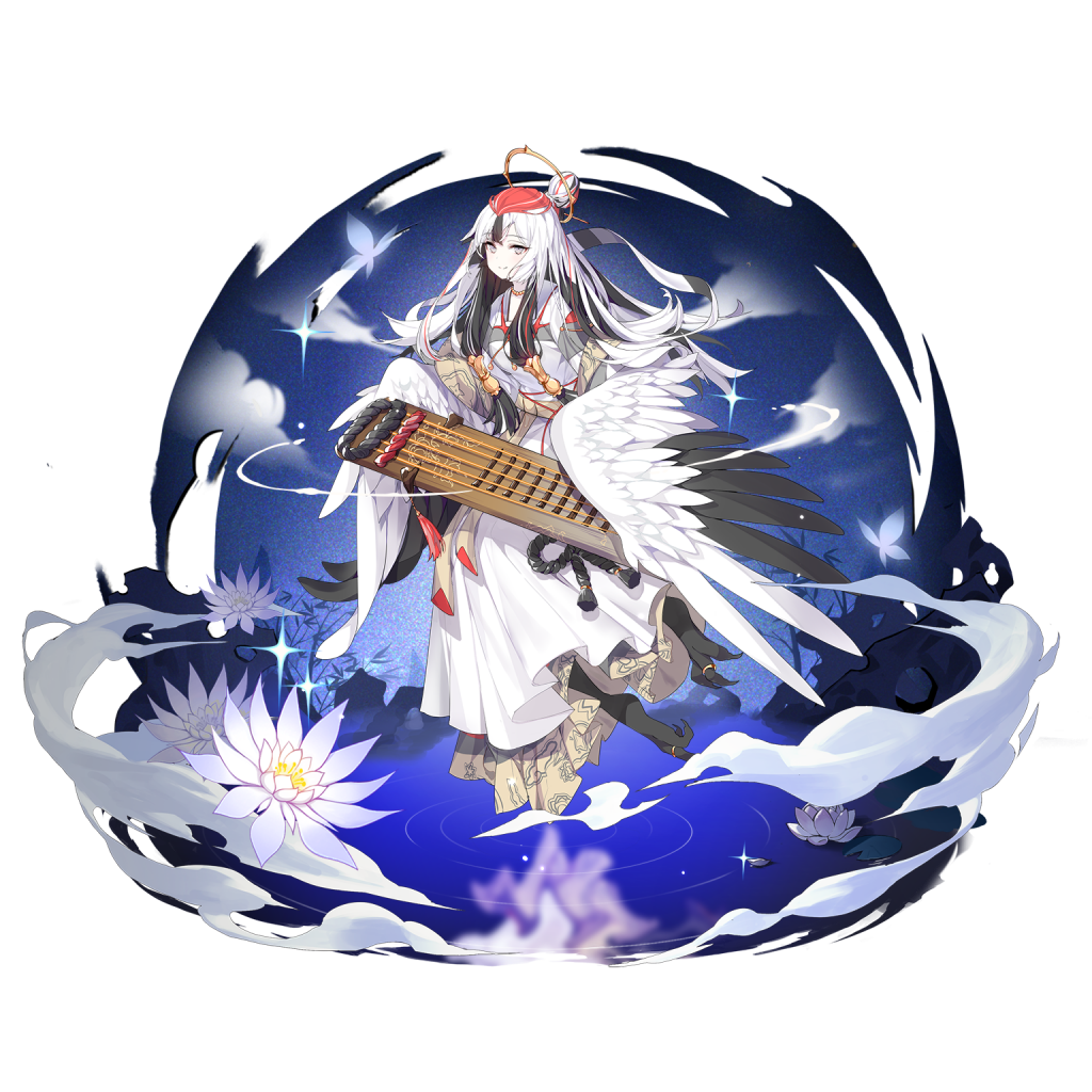 1girl artist_request black_hair black_wings clover_theater dress eyebrows_visible_through_hair feathered_wings feathers flower full_body grey_eyes hair_bun hair_ornament hair_tubes hairpin holding holding_instrument instrument japanese_clothes jewelry koto_(instrument) long_hair multicolored_hair official_art satsuki_(clover_theater) sidelocks solo talons toe_ring transparent_background two-tone_hair two-tone_wings white_flower white_hair white_wings winged_arms wings
