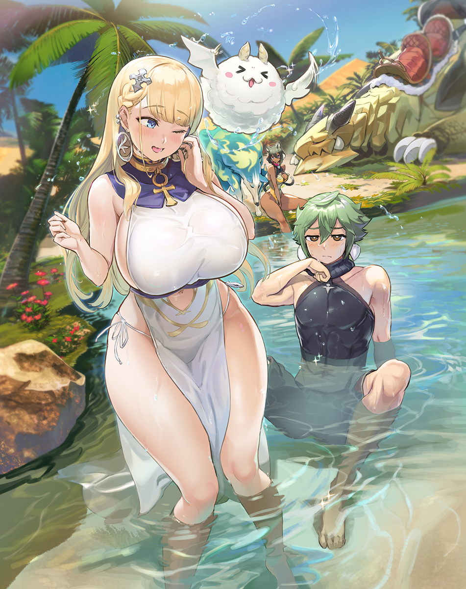 1boy 2girls ankh bangs blonde_hair blue_eyes bodysuit braid breasts brown_eyes character_request clothing_cutout copyright_request cover cover_page creature day earrings green_hair hair_ornament halter_dress halterneck highres huge_breasts jewelry long_hair multiple_girls navel navel_cutout no_bra novel_cover oasis ookuma_nekosuke open_mouth outdoors palm_tree panties partially_submerged pelvic_curtain short_hair side-tie_panties side_slit sideboob sitting splashing standing tree underwear water