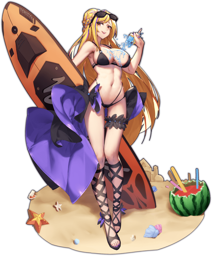 1girl :d ankle_bow ark_order artist_request bangs bikini black_footwear blonde_hair bow braid braided_bun breasts drinking_straw eyewear_on_head faux_figurine food fruit full_body gladiator_sandals hair_bun hera_(ark_order) highleg highleg_bikini holding holding_surfboard large_breasts long_hair looking_at_viewer multicolored_hair nail_polish official_art purple_bow purple_nails sand sand_castle sand_sculpture sandals shell sidelocks smile solo squeezing standing starfish streaked_hair string_bikini sunglasses surfboard swimsuit thong_bikini toenail_polish toenails very_long_hair watermelon yellow_eyes