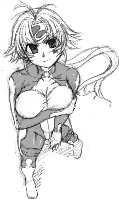 1girl aria_advance arms_under_breasts breasts greyscale large_breasts monochrome non-web_source pilot_suit ponytail sangekimaru smile super_robot_wars super_robot_wars_w