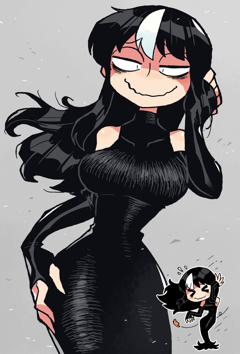 1girl black_dress black_gloves black_hair blush breasts chibi closed_eyes covering_mouth detached_sleeves dress elbow_gloves english_text eyebrows eyebrows_visible_through_hair gloves hand_over_own_mouth highres jaggy_lines large_breasts long_dress long_hair mixed-language_commentary multicolored_hair multiple_views narrow_waist night night_sky noss_(rariatto) original rariatto_(ganguri) shy sky smile speech_bubble streaked_hair thank_you vampire wavy_mouth white_hair