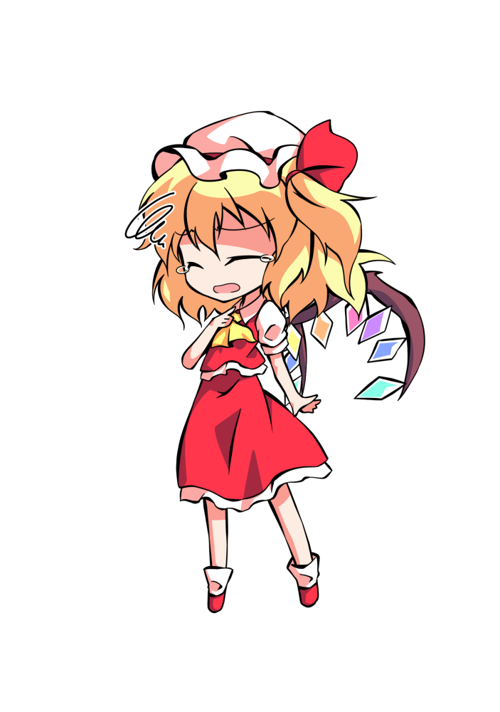 1girl ascot bangs blonde_hair chibi clip_studio_paint_(medium) closed_eyes collared_dress crying crystal dairi dress eyebrows_visible_through_hair flandre_scarlet frills full_body hair_between_eyes hair_ribbon hand_up hat jewelry mob_cap multicolored_wings one_side_up open_mouth puffy_short_sleeves puffy_sleeves red_dress red_footwear red_ribbon ribbon shirt shoes short_hair short_sleeves simple_background socks solo standing tachi-e tears touhou white_background white_headwear white_legwear white_shirt wings yellow_ascot