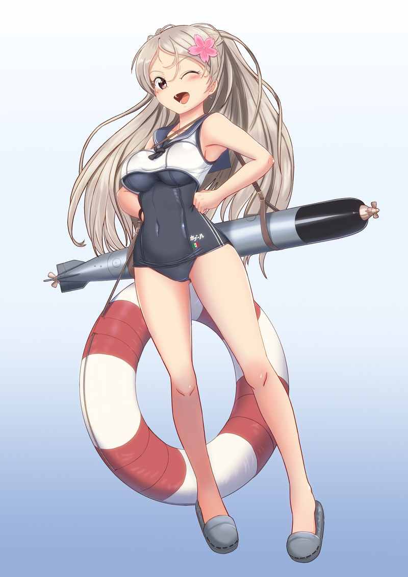 1girl ;d alternate_costume blue_background bracelet breasts brown_eyes conte_di_cavour_(kancolle) cosplay crop_top flower full_body gradient gradient_background hair_flower hair_ornament holding holding_torpedo jewelry kantai_collection large_breasts lifebuoy long_hair long_sleeves looking_at_viewer moke_ro old_school_swimsuit one-piece_swimsuit one_eye_closed open_mouth oppai_loli revision ro-500_(kancolle) ro-500_(kancolle)_(cosplay) sailor_collar sailor_shirt school_swimsuit school_uniform serafuku shirt silver_hair smile solo swimsuit swimsuit_under_clothes torpedo two_side_up