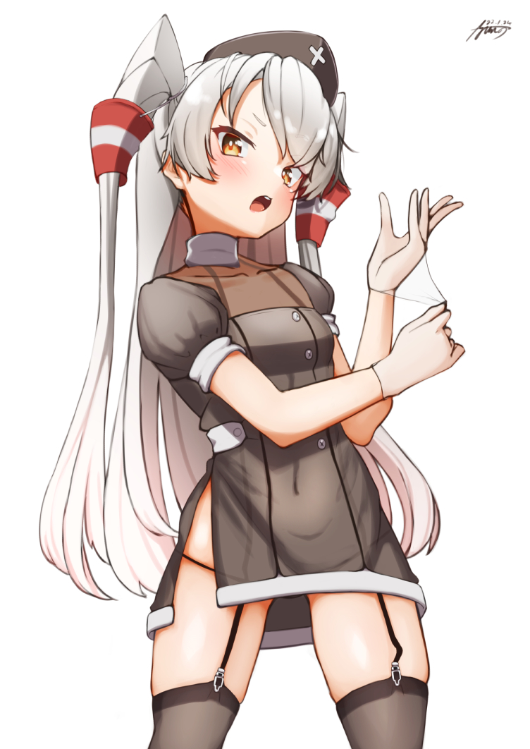 1girl adapted_costume amatsukaze_(kancolle) ayuman black_dress black_headwear black_legwear blush buttons collarbone dated dress feet_out_of_frame garter_straps gloves hair_tubes hat kantai_collection long_hair nurse_cap open_mouth orange_eyes puffy_short_sleeves puffy_sleeves short_sleeves signature silver_hair simple_background solo teeth thigh-highs two_side_up upper_teeth white_background white_gloves windsock