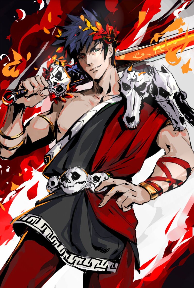 1boy black_hair black_sclera changye colored_sclera explosion fire greek_clothes green_eyes hades_(game) hand_on_hip heterochromia laurel_crown over_shoulder pants red_eyes solo spiky_hair sword sword_over_shoulder weapon weapon_over_shoulder zagreus_(hades)