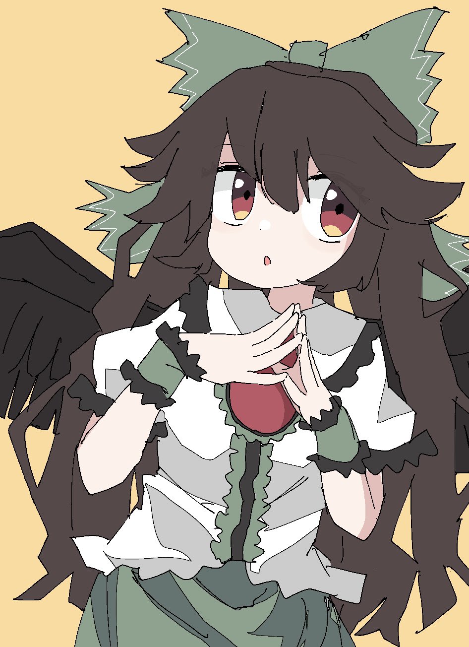 1girl bird_wings black_wings blouse bow brown_eyes brown_hair center_frills collared_shirt flat_chest frilled_shirt_collar frilled_skirt frills green_bow green_skirt highres iroha-kuro long_hair own_hands_together parted_lips puffy_short_sleeves puffy_sleeves red_eyes reiuji_utsuho shirt short_sleeves skirt solo touhou upper_body white_shirt wings