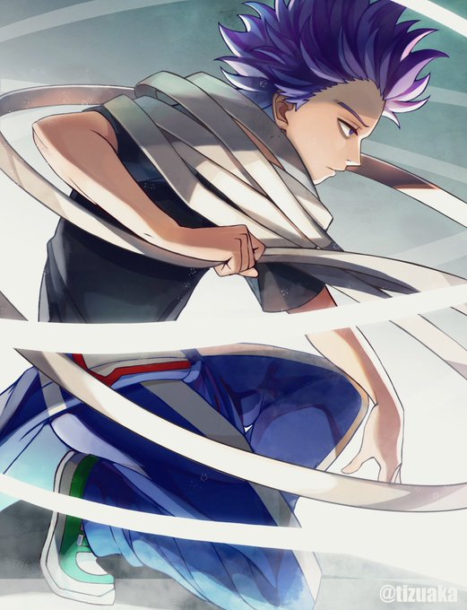 1boy arm_on_knee bags_under_eyes bangs black_shirt boku_no_hero_academia from_side green_footwear gym_uniform haze holding holding_weapon jumpsuit jumpsuit_around_waist looking_ahead male_focus messy_hair purple_hair scarf serious shadow shinsou_hitoshi shirt shoes short_hair short_sleeves sneakers solo spiky_hair squatting strap t-shirt tonbanlove twitter_username u.a._gym_uniform violet_eyes weapon