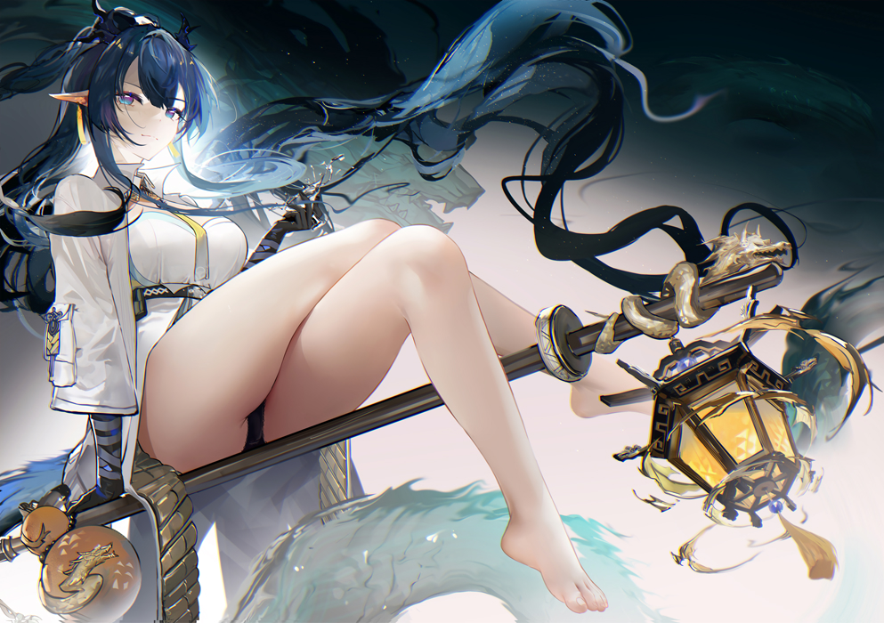 1girl arknights bangs bare_legs barefoot black_gloves black_panties blue_eyes blue_hair breasts closed_mouth coat crossed_legs cup dragon dragon_girl dragon_horns earrings elbow_gloves eyebrows_visible_through_hair full_body gloves gourd gradient gradient_background holding holding_cup horns jewelry lantern large_breasts ling_(arknights) long_hair long_sleeves looking_at_viewer necktie omone_hokoma_agm open_clothes open_coat panties pointy_ears shirt sitting smile solo staff underbust underwear very_long_hair white_coat white_shirt yellow_necktie