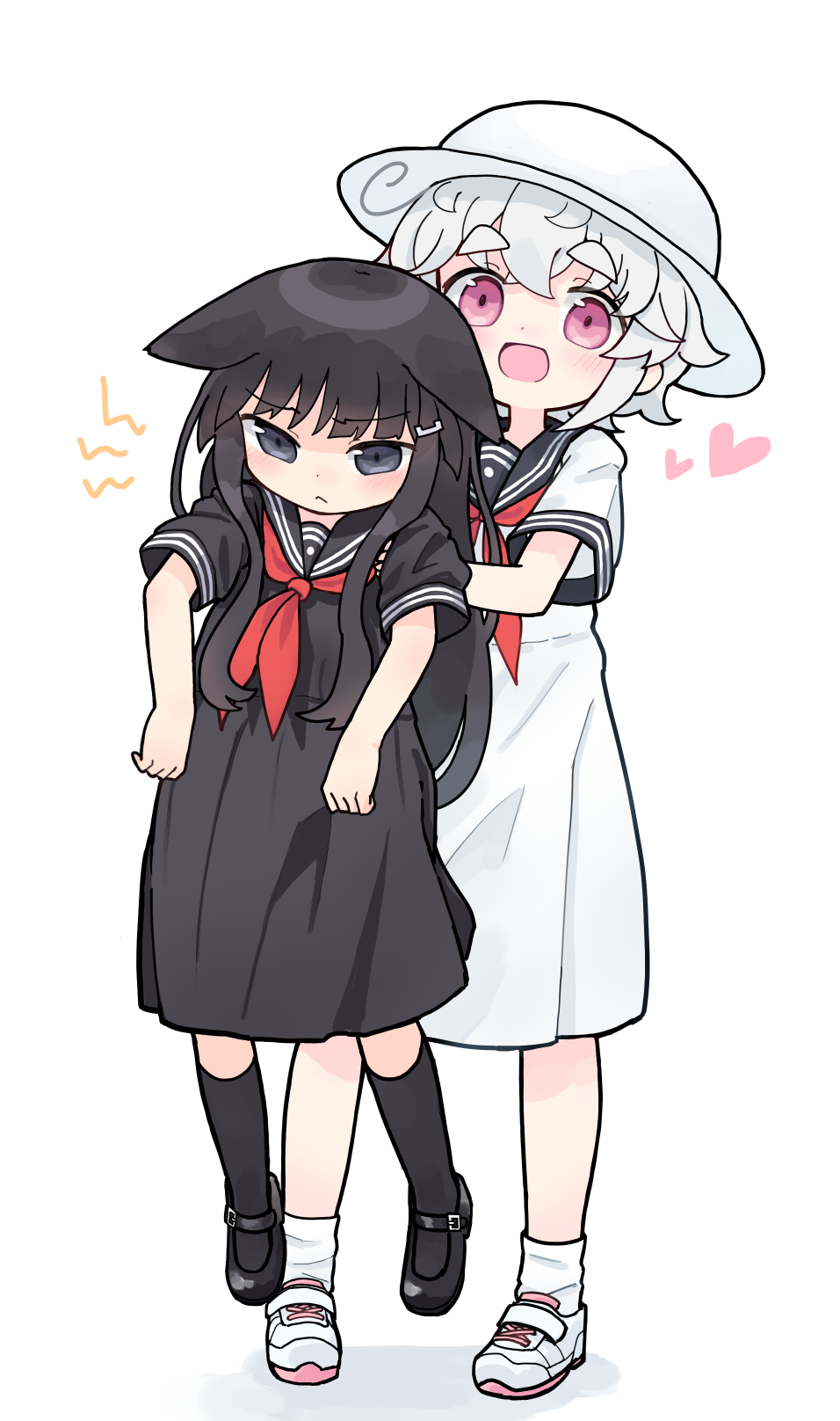 2girls :&lt; :d akichi_mashiro animal_ears ankle_socks annoyed bangs black_dress black_eyes black_footwear black_hair black_legwear black_sailor_collar blunt_bangs blush cat_ears closed_mouth cross-laced_footwear crossed_bangs dot_nose dress ears_down eyebrows eyebrows_visible_through_hair eyes_visible_through_hair full_body furrowed_brow hair_ornament hairclip hat heart highres kemonomimi_mode kibisake kneehighs legs_apart lifting_person long_hair looking_at_viewer mary_janes medium_dress multiple_girls neckerchief open_mouth original pink_eyes pleated_dress red_neckerchief sailor_collar sailor_dress shoes short_hair short_sleeves simple_background smile sneakers socks squinting standing tareme thick_eyebrows torii_koyomi wavy_hair white_background white_dress white_footwear white_hair white_headwear white_legwear