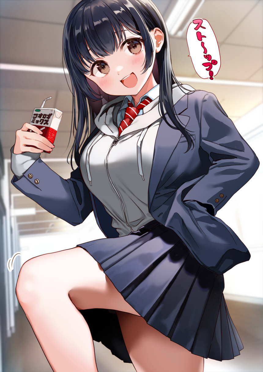 1girl bangs black_hair brown_eyes collared_shirt drawstring feet_out_of_frame hand_in_pocket hand_up highres holding hood hoodie jacket juice_box knee_up long_hair looking_at_viewer necktie nishizawa open_clothes open_jacket open_mouth original pleated_skirt red_necktie shirt skirt solo speech_bubble standing standing_on_one_leg