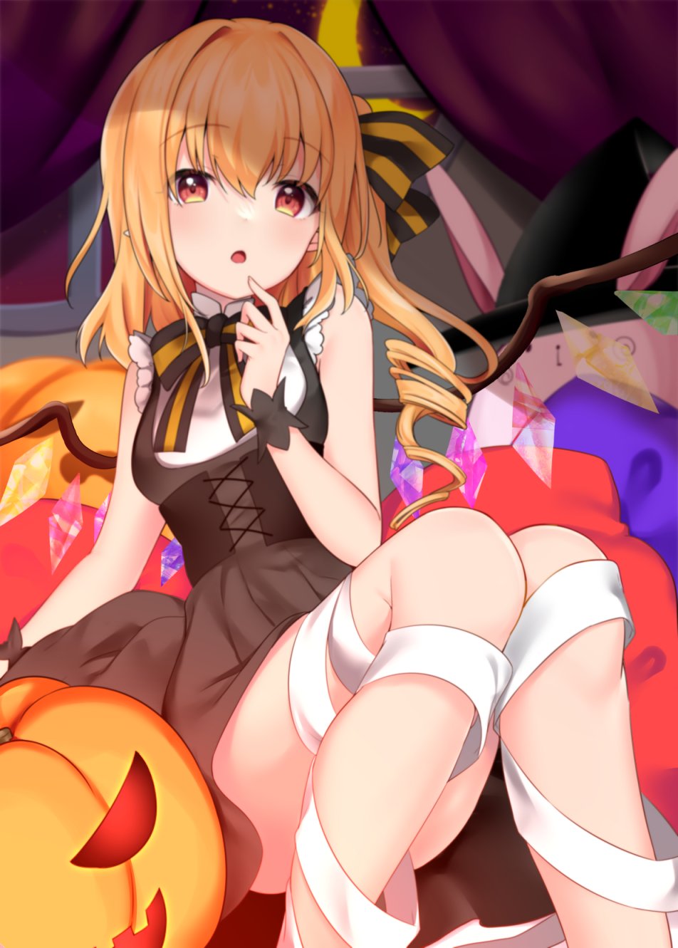 1girl :o alternate_costume asymmetrical_hair bandages bangs black_dress blonde_hair blush bow breasts commentary_request crystal curtains dress dress_bow drill_hair eyebrows_visible_through_hair eyelashes feet_out_of_frame finger_to_mouth fingernails flandre_scarlet frills halloween highres jack-o'-lantern neck_ribbon no_hat no_headwear open_mouth pillow rainbow_order ribbon rimu_(kingyo_origin) shiny shiny_hair sidelocks sitting sleeveless sleeveless_dress small_breasts solo striped striped_bow touhou window wings wrist_cuffs