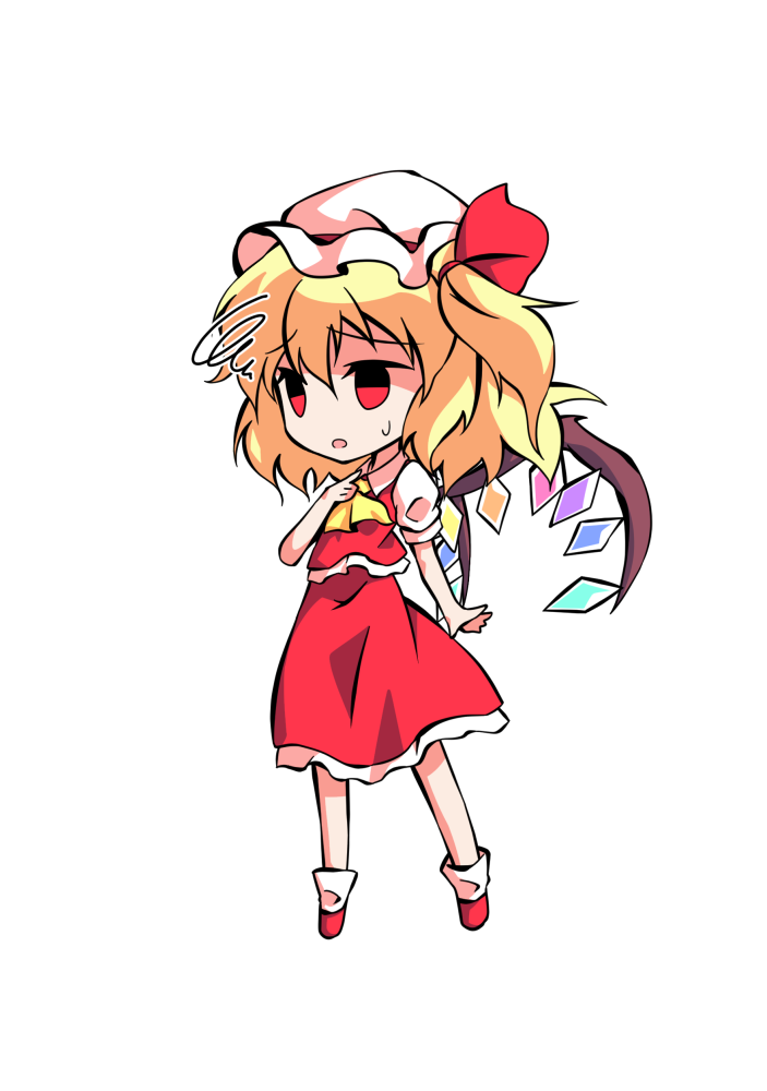 1girl ascot bangs black_eyes blonde_hair chibi clip_studio_paint_(medium) collared_dress crystal dairi dress eyebrows_visible_through_hair flandre_scarlet frills full_body hair_between_eyes hair_ribbon hand_up hat jewelry looking_to_the_side mob_cap multicolored_wings one_side_up open_mouth puffy_short_sleeves puffy_sleeves red_dress red_eyes red_footwear red_ribbon ribbon shirt shoes short_hair short_sleeves simple_background socks solo standing tachi-e touhou white_background white_headwear white_legwear white_shirt wings yellow_ascot