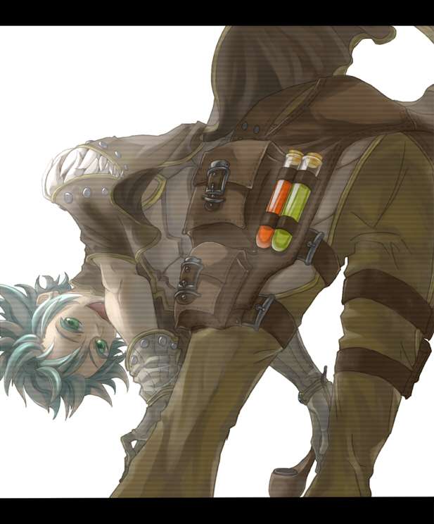 1boy ass azumi_on bangs belt bent_over brown_belt brown_cape brown_pants cape commentary_request creator_(ragnarok_online) feet_out_of_frame gloves green_eyes green_hair hair_between_eyes hands_on_own_knees holding holding_pipe letterboxed looking_at_viewer male_focus open_mouth pants pipe potion pouch ragnarok_online shirt simple_background sleeveless sleeveless_shirt smile solo teeth vial white_background white_gloves white_shirt