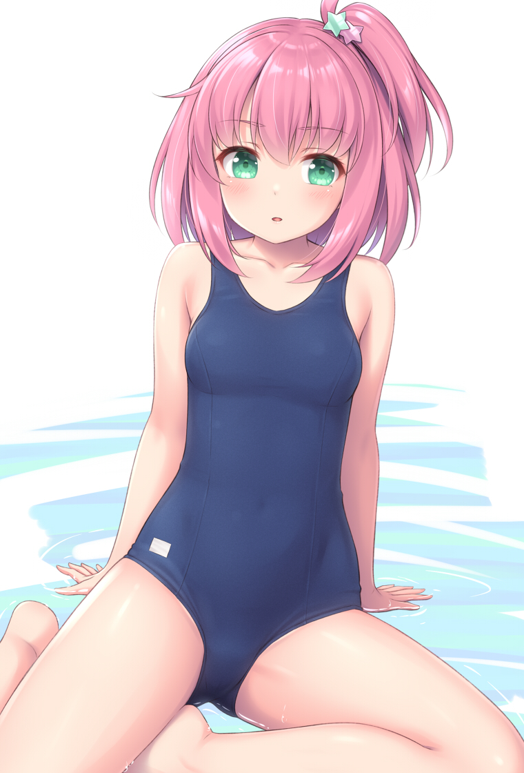 1girl arm_support bare_arms blush breasts covered_navel green_eyes looking_at_viewer one-piece_swimsuit one_side_up original parted_lips pink_hair reclining sasaame school_swimsuit small_breasts solo swimsuit