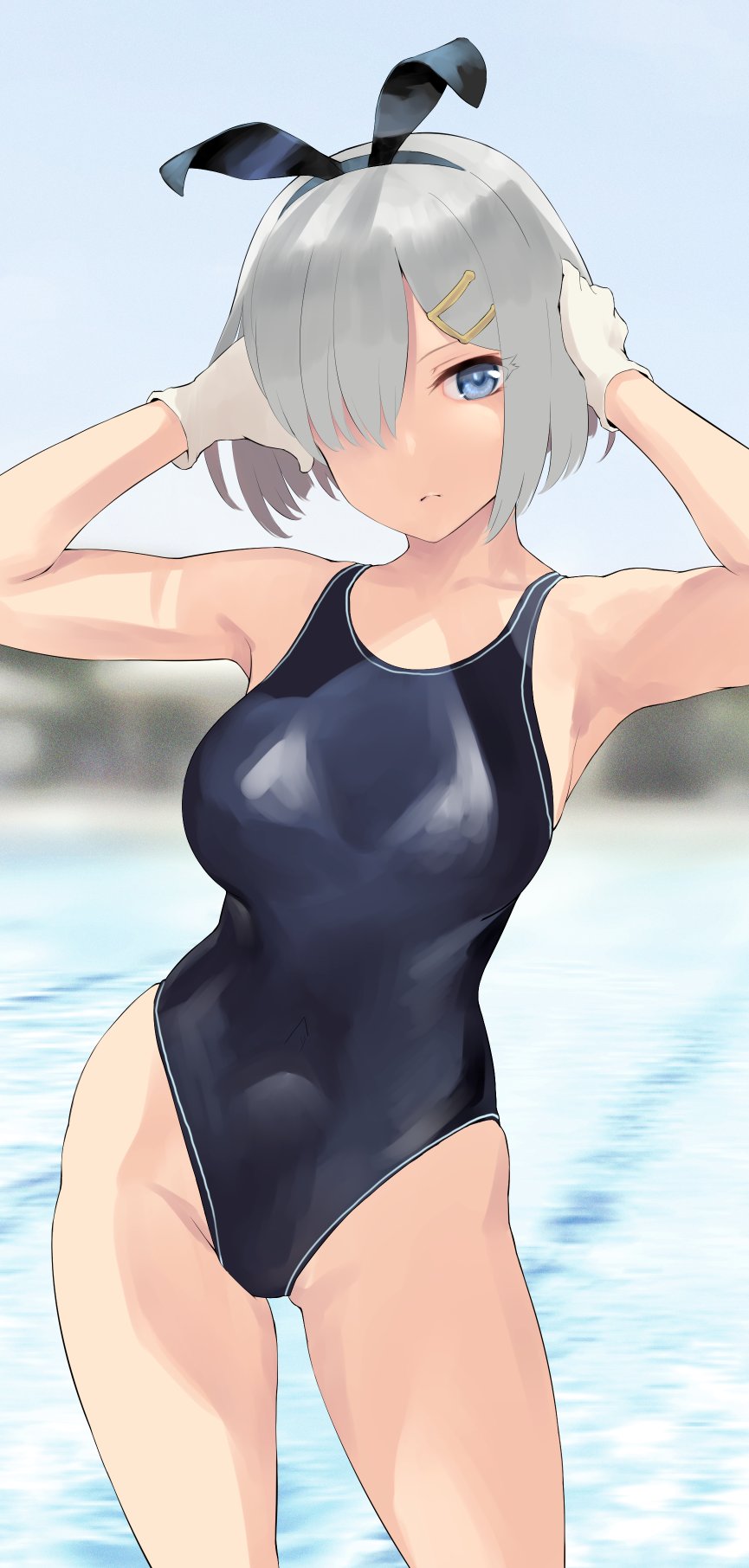 1girl animal_ears blue_eyes blue_swimsuit breasts collarbone competition_swimsuit cowboy_shot fake_animal_ears gloves hair_ornament hair_over_one_eye hairclip hamakaze_(kancolle) highres kantai_collection large_breasts neckerchief one-piece_swimsuit outdoors pool rabbit_ears short_hair silver_hair solo swimsuit wa_(genryusui) water white_gloves yellow_neckerchief