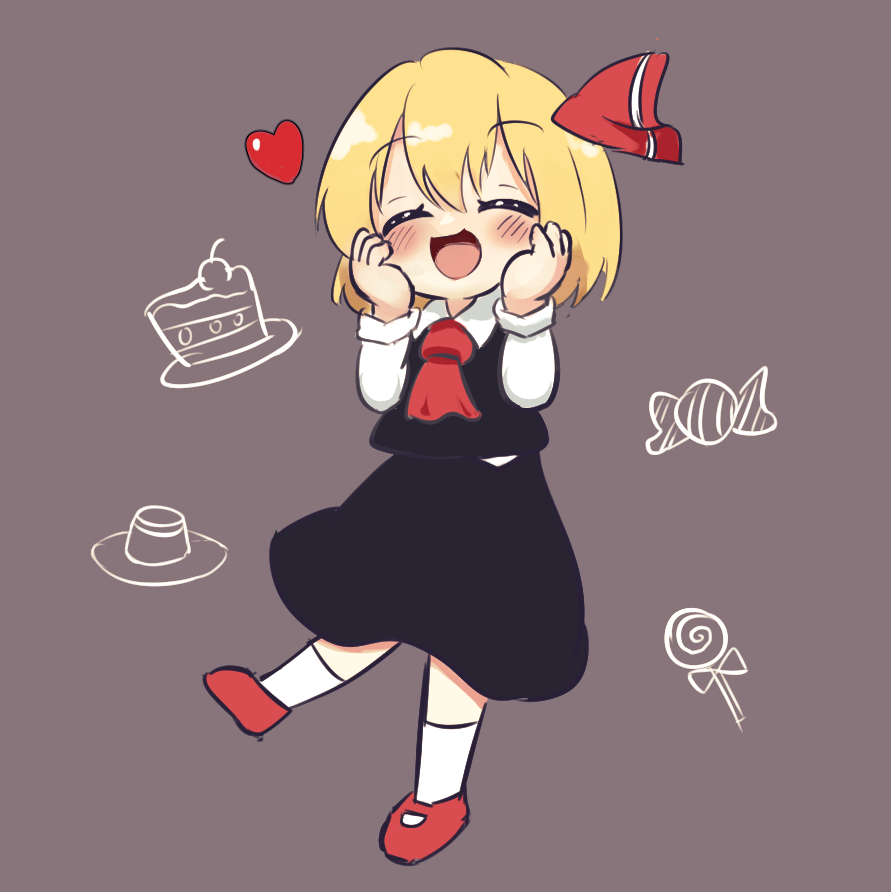 1girl ascot bangs black_skirt black_vest blonde_hair blush closed_eyes collared_shirt english_commentary eyebrows_visible_through_hair ferdy's_lab grey_background hair_ribbon hands_on_own_cheeks hands_on_own_face mary_janes open_mouth red_ascot red_footwear red_ribbon ribbon rumia shirt shoes short_hair simple_background skirt skirt_set smile socks solo touhou vest white_legwear white_shirt