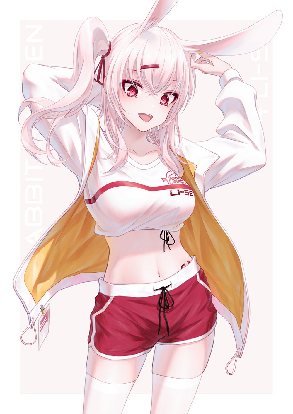 1girl :d animal_ear_fluff animal_ears bae.c bangs breasts character_name cowboy_shot crop_top dolphin_shorts hair_ribbon highres jacket large_breasts long_hair long_sleeves looking_at_viewer nail_polish navel open_clothes open_jacket pink_hair rabbit_ears red_eyes red_ribbon red_shorts ribbon shirt shorts side_ponytail simple_background smile solo standing stomach thigh-highs tsumi_no_hahen_(debris) white_jacket white_legwear white_shirt yellow_nails