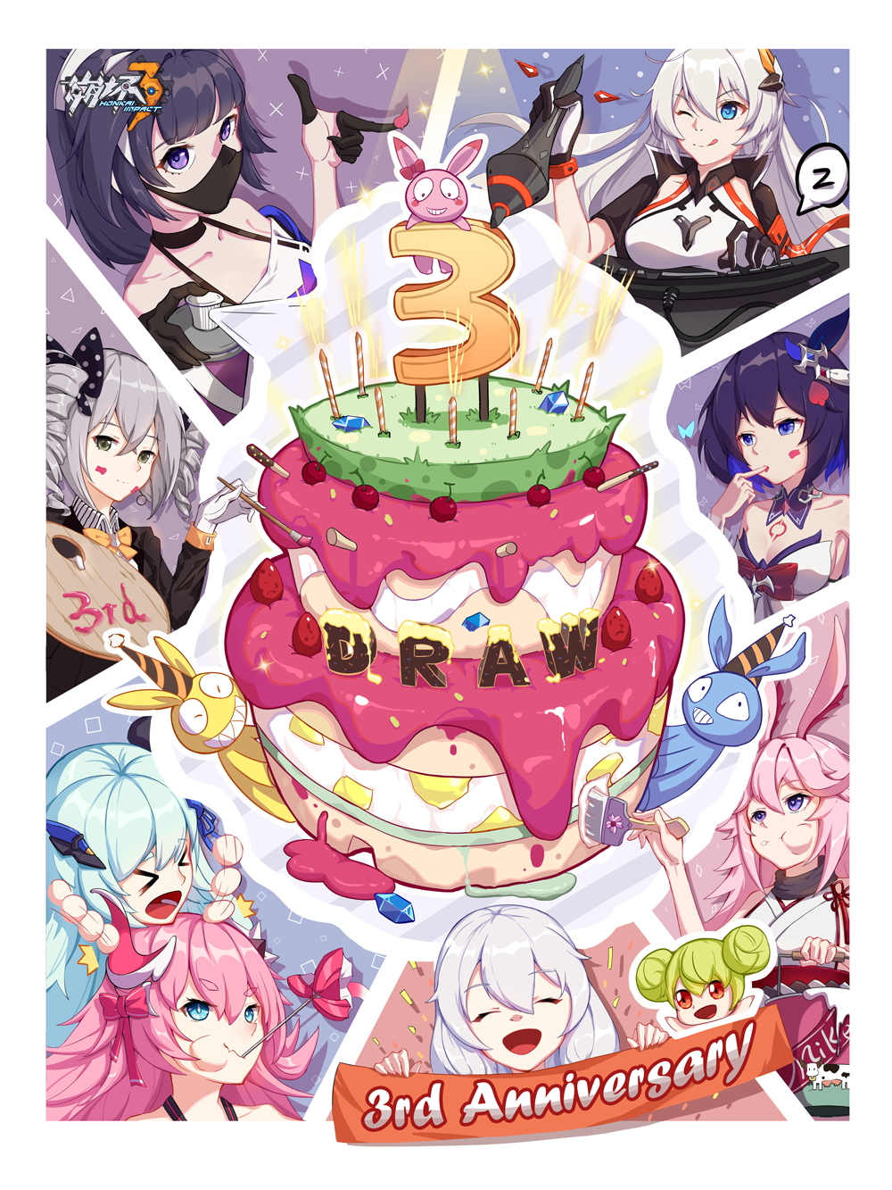 &gt;_&lt; 6+girls ai-chan_(honkai_impact) animal_ears anniversary bangs bare_shoulders black_gloves blue_eyes blue_hair bob_cut border bow bowtie bronya_zaychik bronya_zaychik_(wolf's_dawn) brown_jacket closed_eyes closed_mouth cream_(827156893) crystal dress drill_hair fox_ears gloves grey_eyes grey_hair hair_bow hat highres holding holding_paintbrush homei_(honkai_impact) homi_(honkai_impact) homu_(honkai_impact) honkai_(series) honkai_impact_3rd jacket japanese_clothes kiana_kaslana kiana_kaslana_(void_drifter) kimono liliya_olenyeva long_hair long_sleeves looking_at_viewer mask medium_hair miko mouth_mask multiple_girls one_eye_closed paintbrush palette_(object) party_hat pink_hair polo_shirt purple_hair raiden_mei raiden_mei_(striker_fulminata) rozaliya_olenyeva seele_vollerei seele_vollerei_(swallowtail_phantasm) shirt siblings sleeveless sleeveless_dress smile tattoo theresa_apocalypse tongue tongue_out twin_drills twins white_border white_hair white_jacket white_kimono white_shirt yae_sakura yae_sakura_(gyakushinn_miko) yellow_bow yellow_bowtie