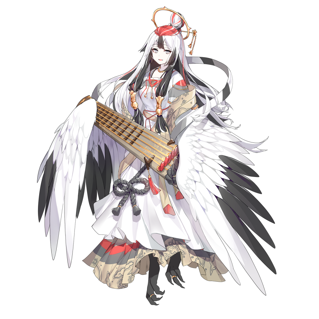 1girl artist_request black_hair black_wings clover_theater dress eyebrows_visible_through_hair feathered_wings feathers full_body grey_eyes hair_bun hair_ornament hair_tubes hairpin holding holding_instrument instrument japanese_clothes jewelry koto_(instrument) long_hair multicolored_hair official_art open_mouth satsuki_(clover_theater) sidelocks solo talons toe_ring transparent_background two-tone_hair two-tone_wings white_hair white_wings winged_arms wings