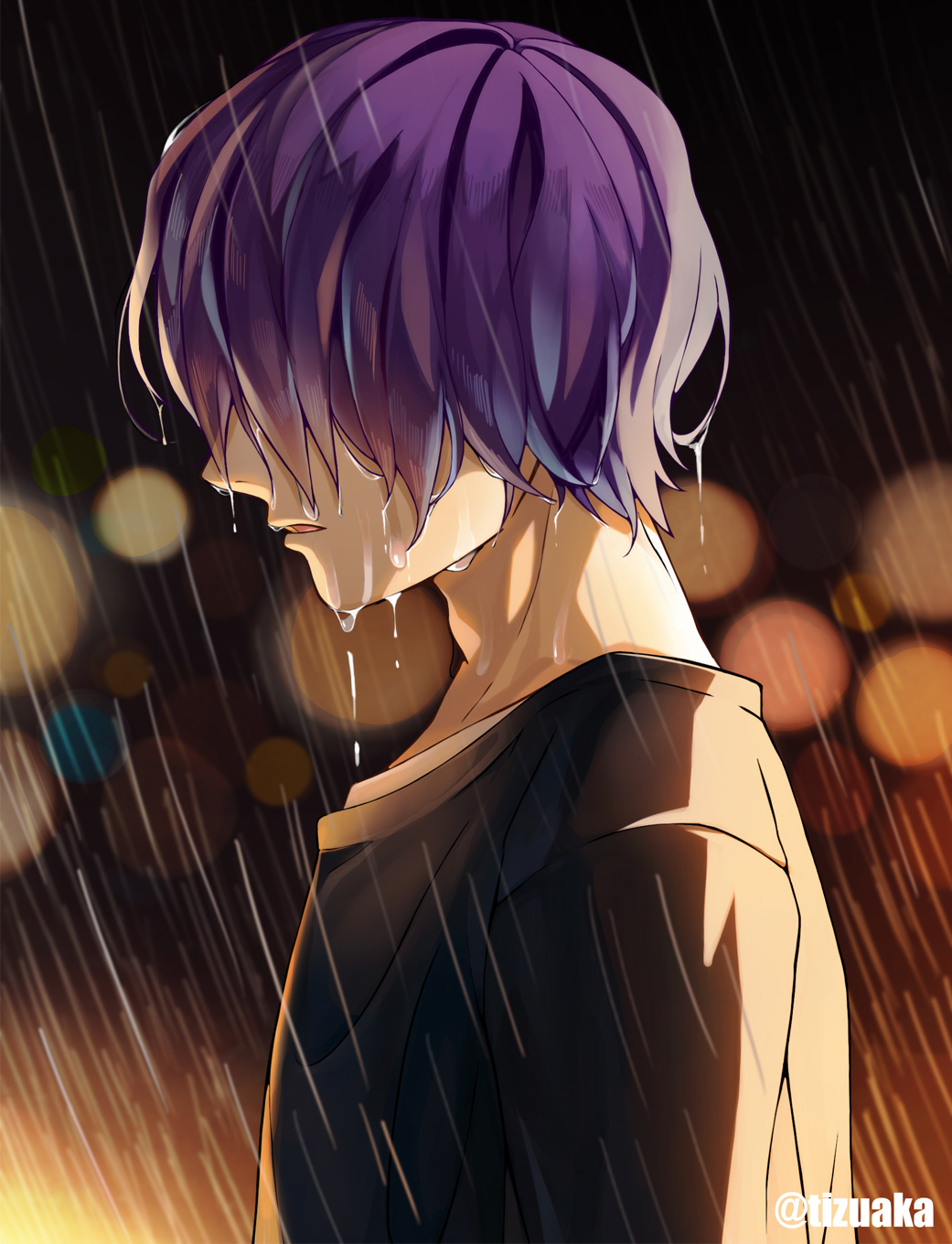 1boy bangs black_shirt blurry bokeh boku_no_hero_academia depth_of_field dripping from_side hair_down hair_over_eyes head_down highres lights long_bangs male_focus night parted_lips purple_hair rain shinsou_hitoshi shirt shirt_under_shirt short_hair solo tonbanlove twitter_username upper_body wet wet_clothes wet_hair white_shirt