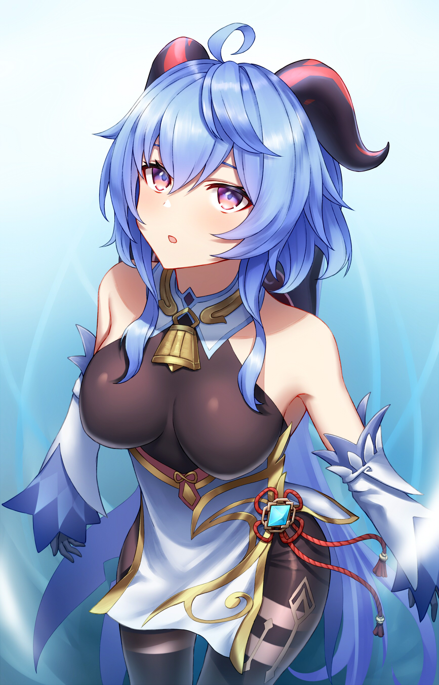 :o ahoge bangs bare_shoulders bell black_gloves black_legwear blue_hair blush bow breasts chinese_knot detached_sleeves flower_knot ganyu_(genshin_impact) genshin_impact gloves gold_trim highres horns long_hair looking_at_viewer medium_breasts naga_(pixiv70891418) neck_bell parted_lips red_rope rope sidelocks solo standing tassel thighlet violet_eyes vision_(genshin_impact) white_sleeves