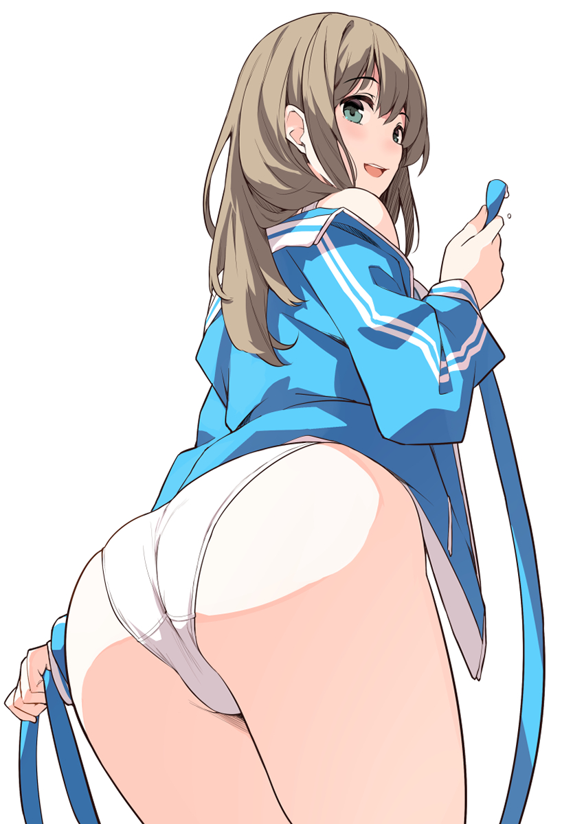 1girl ass back bangs bare_shoulders blue_jacket blush breasts green_eyes highleg highleg_swimsuit highres hose jacket kekemotsu large_breasts light_brown_hair long_hair long_sleeves looking_back off_shoulder one-piece_swimsuit open_clothes open_jacket open_mouth original smile solo swimsuit thighs white_swimsuit