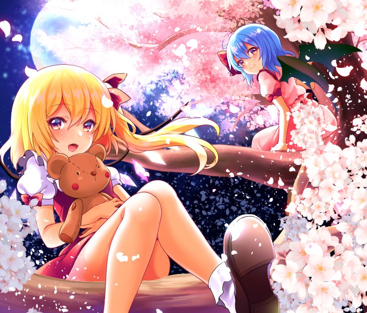 2girls :d arm_support asymmetrical_hair bangs bat_wings black_footwear blonde_hair blush bow branch cherry_blossoms closed_mouth commentary_request crystal dress eyelashes falling_petals flandre_scarlet frills full_moon hair_bow happy in_tree knees light_purple_hair looking_at_viewer mary_janes moon multiple_girls night no_hat no_headwear object_hug one_side_up open_mouth outdoors petals pink_dress puffy_short_sleeves puffy_sleeves red_bow red_ribbon remilia_scarlet ribbon rimu_(kingyo_origin) shiny shiny_hair shoes short_hair short_sleeves siblings sisters sitting sitting_in_tree smile socks stuffed_animal stuffed_toy teddy_bear touhou tree white_legwear wings