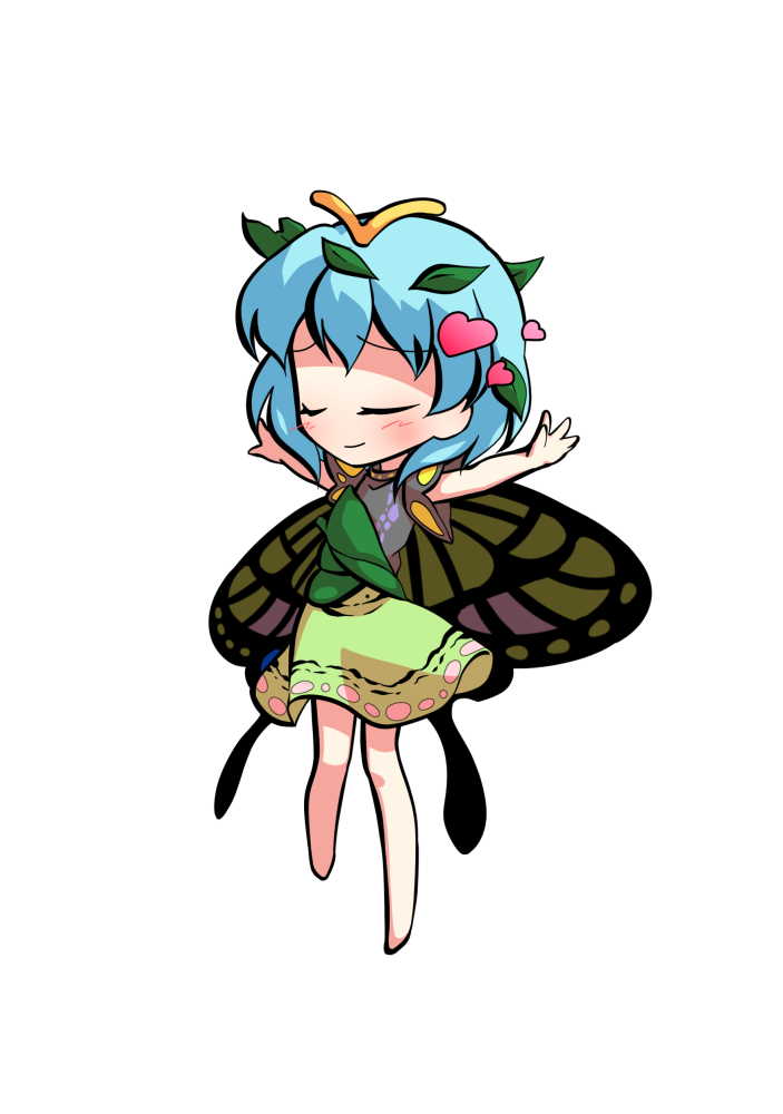 1girl antennae aqua_hair barefoot blush butterfly_wings chibi closed_eyes closed_mouth dairi dress eternity_larva eyebrows_visible_through_hair fairy full_body green_dress hair_between_eyes heart leaf leaf_on_head multicolored_clothes multicolored_dress short_hair short_sleeves single_strap smile solo spread_legs standing tachi-e touhou transparent_background wings