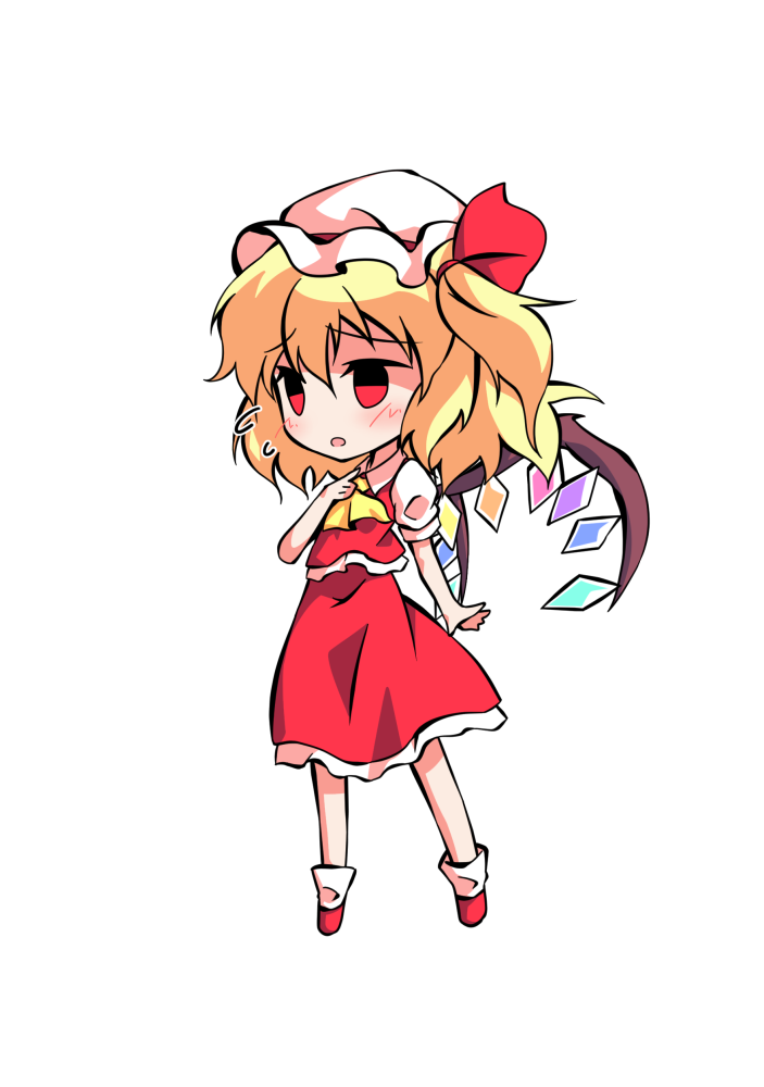 1girl ascot bangs black_eyes blonde_hair blush chibi clip_studio_paint_(medium) collared_dress crystal dairi dress eyebrows_visible_through_hair flandre_scarlet frills full_body hair_between_eyes hair_ribbon hand_up hat jewelry looking_to_the_side mob_cap multicolored_wings one_side_up open_mouth puffy_short_sleeves puffy_sleeves red_dress red_eyes red_footwear red_ribbon ribbon shirt shoes short_hair short_sleeves simple_background socks solo standing tachi-e touhou white_background white_headwear white_legwear white_shirt wings yellow_ascot