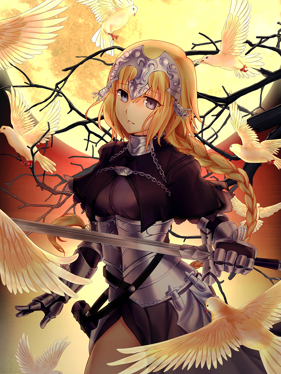 1girl armor armored_dress banner black_ribbon blonde_hair blue_eyes braid eyebrows_visible_through_hair fate/apocrypha fate/grand_order fate_(series) gauntlets highres jeanne_d'arc_(fate) jeanne_d'arc_(fate)_(all) jinky_shoujo long_hair low-tied_long_hair ponytail purple_legwear ribbon ruler_(fate/apocrypha) sheath sheathed single_braid smile solo standing sword thigh-highs very_long_hair weapon