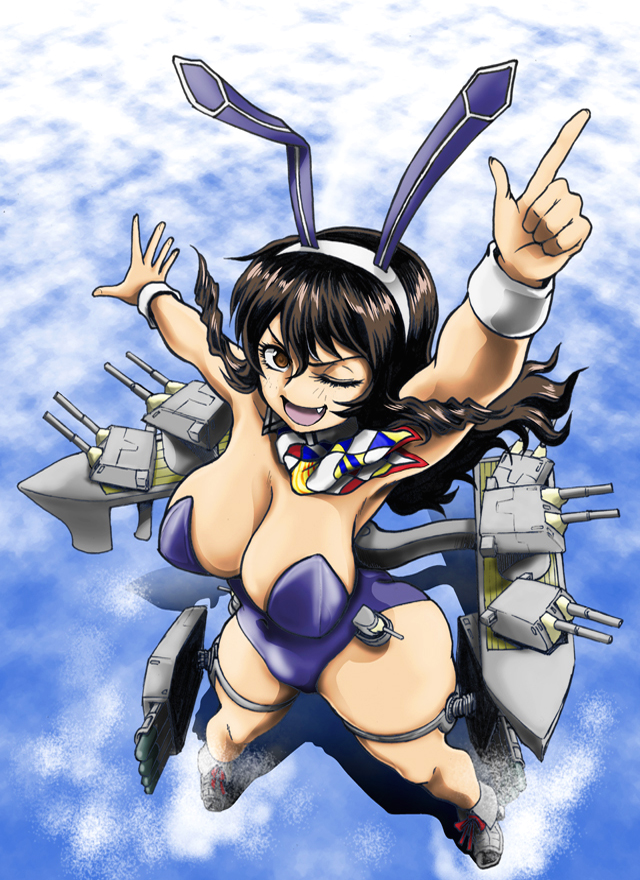 1girl adapted_turret anti-aircraft anti-aircraft_gun ashigara_(kancolle) bare_legs boots breasts brown_eyes brown_hair cannon eyebrows_visible_through_hair fang from_above hairband kantai_collection large_breasts leotard long_hair looking_at_viewer looking_up machinery ocean one_eye_closed open_mouth outdoors playboy_bunny purple_leotard remodel_(kantai_collection) rigging solo torpedo torpedo_tubes turret water wavy_hair yagisawa_keiichi