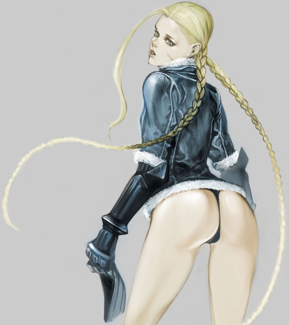 1girl ahoge alternate_costume ass blonde_hair braid cammy_white capcom elbow_gloves from_behind gloves green_eyes ikeda_masateru long_hair looking_back scar solo street_fighter street_fighter_ii street_fighter_iv twin_braids very_long_hair