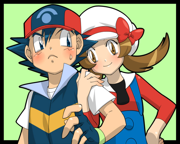 1boy 1girl amada baseball_cap brown_eyes brown_hair cabbie_hat couple fingerless_gloves gloves hand_on_hip hat hat_ribbon hetero kotone_(pokemon) pokemon pokemon_(anime) pokemon_(game) pokemon_gsc red_ribbon ribbon satoshi_(pokemon) sweatdrop twintails