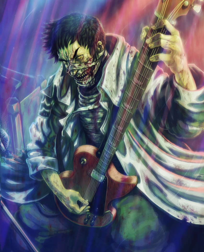 4chan black_hair coat death drawfag guitar instrument shin_angyo_onshi shin_angyou_onshi short_hair undead won_sul yellow_eyes zombie