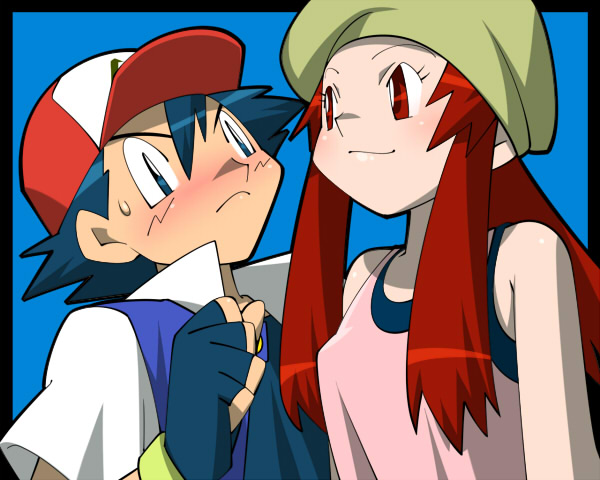 1girl amada bare_shoulders baseball_cap fingerless_gloves fleura_(pokemon) gloves hat pokemon pokemon_(anime) satoshi_(pokemon) satoshi_(pokemon)_(classic) smile sweatdrop