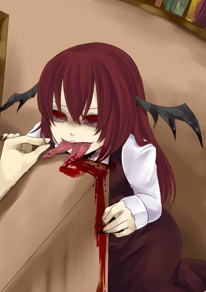 1girl ahegao bat_wings blood book head_wings koakuma library long_hair long_nails multiple_tongues pin red_eyes redhead table tmk_(tmk92) torture touhou wings