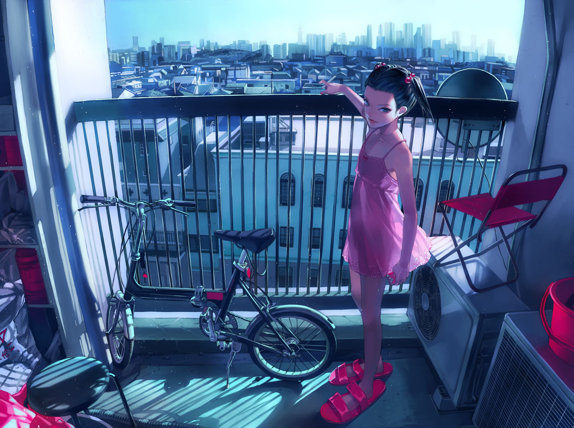 balcony bicycle bike black_eyes black_hair blue_eyes bucket building camisole chair cigarette dress folding_bicycle folding_chair green_eyes looking_back nail_polish original satellite_dish see_through short_hair slippers solo standing stool twintails zain
