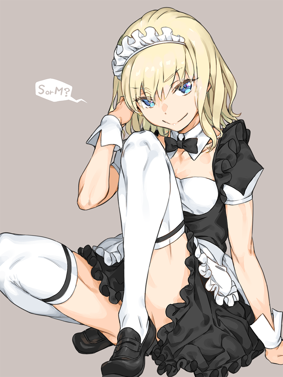 1girl adjusting_hair apron black_bow black_bowtie black_dress black_footwear blonde_hair blue_eyes bow bowtie breasts detached_collar dress eyebrows_visible_through_hair frilled_dress frills haimura_kiyotaka highres leivinia_birdway loafers looking_at_viewer maid maid_headdress medium_hair shoes short_sleeves simple_background sitting small_breasts smile solo speech_bubble thigh-highs thighs toaru_majutsu_no_index toaru_majutsu_no_index:_new_testament waist_apron wrist_cuffs