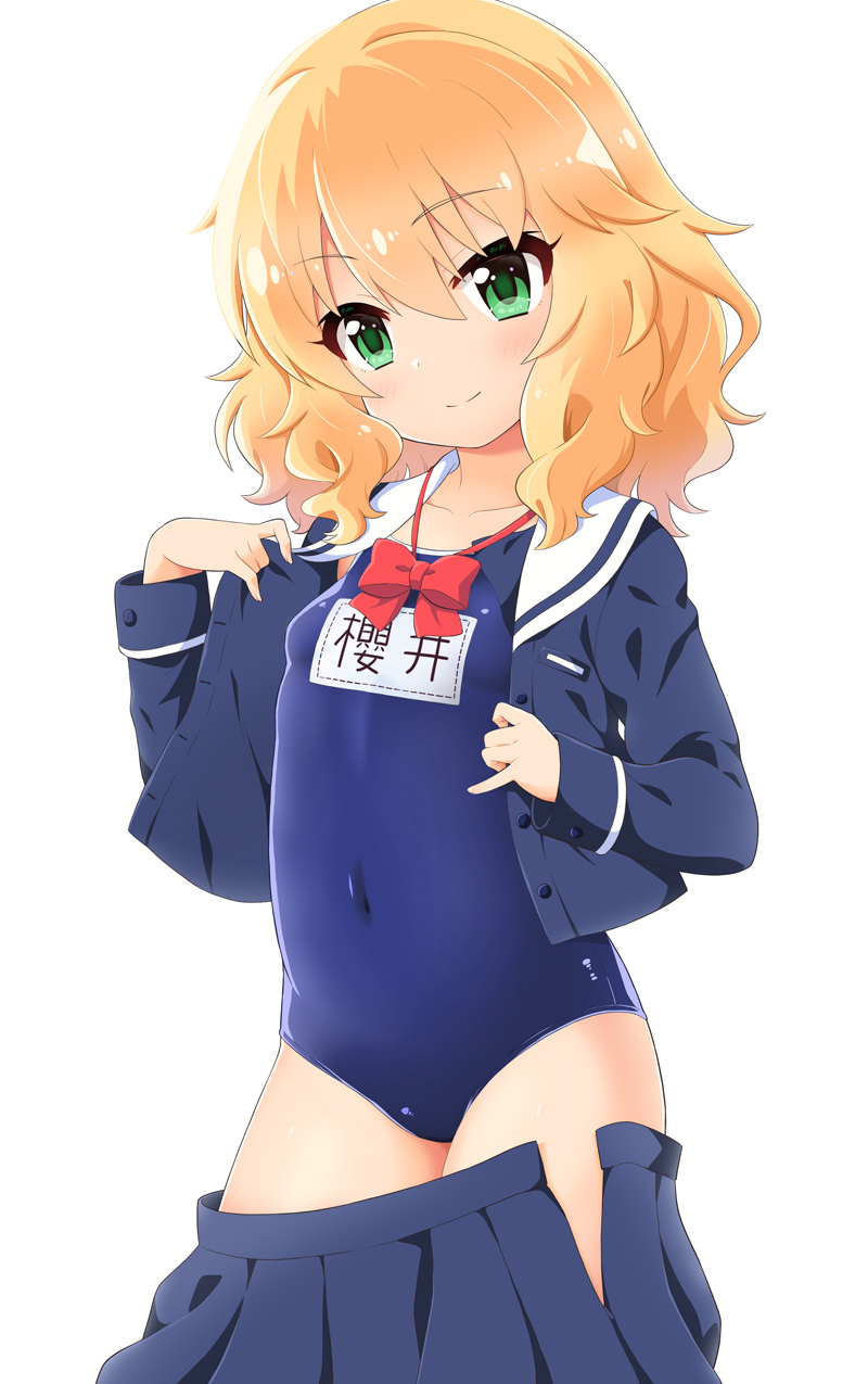 1girl blonde_hair blue_shirt blue_skirt blue_swimsuit clothes_pull covered_navel green_eyes highres idolmaster idolmaster_cinderella_girls looking_at_viewer name_tag one-piece_swimsuit open_clothes open_shirt pulled_by_self sakurai_momoka school_swimsuit school_uniform serafuku shirt shirt_pull short_hair skirt skirt_pull smile solo swimsuit swimsuit_under_clothes undressing yuuma_(skirthike)