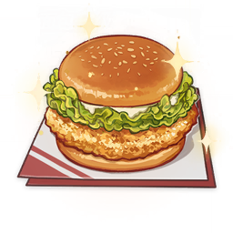artist_request burger chicken_(food) commentary english_commentary food food_focus genshin_impact lettuce lowres mayonnaise meat napkin no_humans official_art sparkle still_life third-party_source transparent_background