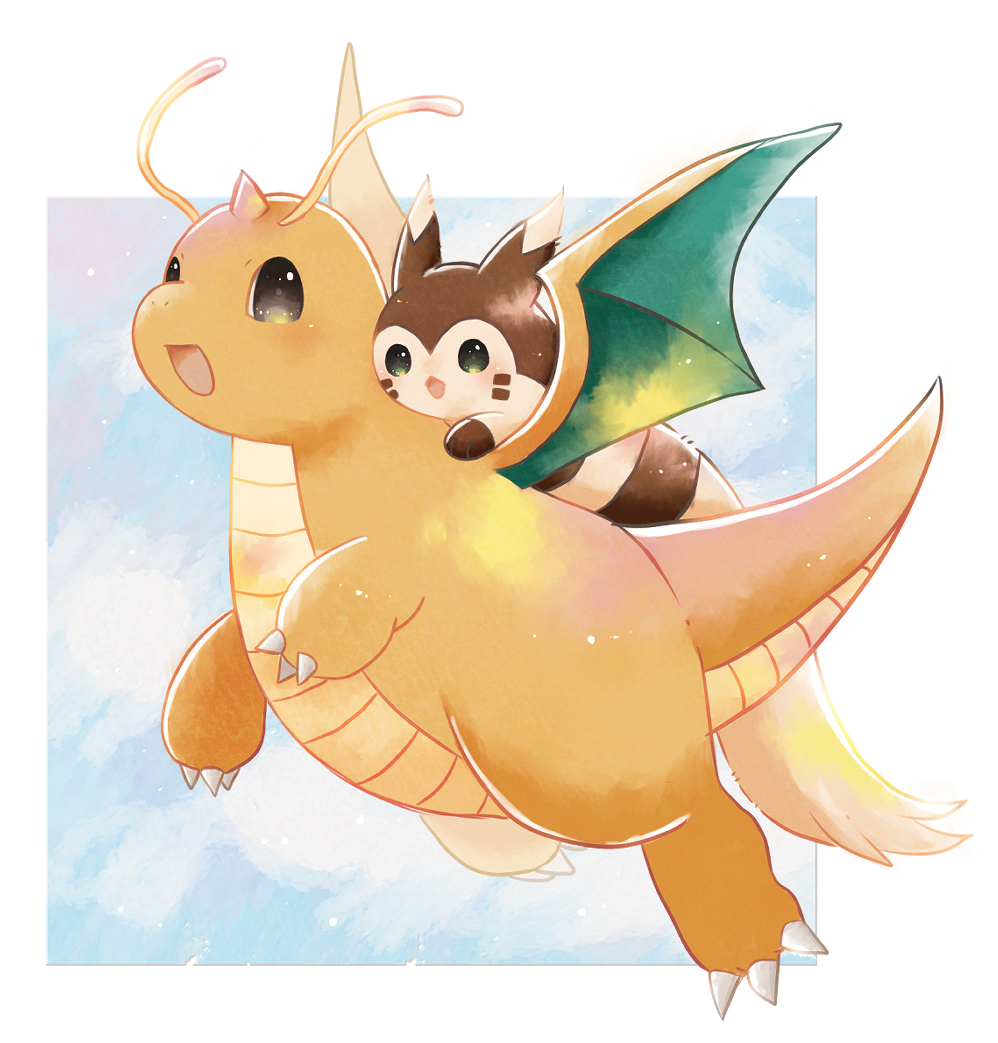 :d aoi_(pzep8583) border claws commentary_request dragonite from_side furret green_eyes no_humans open_mouth pokemon pokemon_(creature) riding riding_pokemon smile tongue white_border