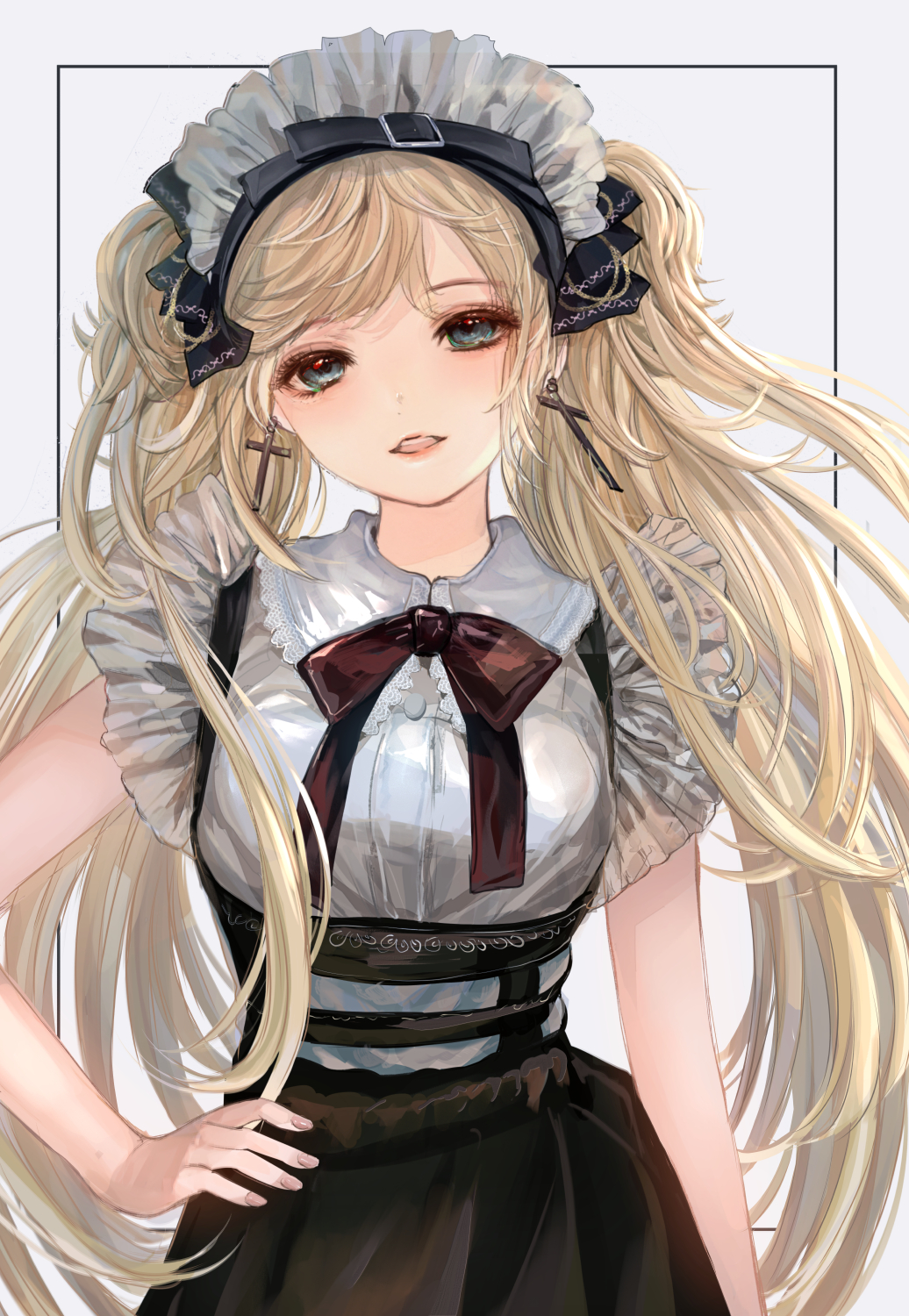 1girl alternate_costume apron blonde_hair blue_eyes breasts cross earrings enmaided fashion gothic_lolita hand_on_hip highres jewelry komirihikku lolita_fashion maid maid_apron maid_headdress original pale_skin skirt suspender_skirt suspenders twintails