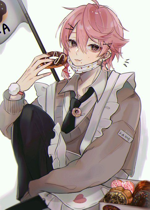 1boy a20190422 apron collared_shirt cross doughnut ear_piercing earrings eating flag food jewelry looking_at_viewer male_focus mask mouth_mask necktie original pale_skin piercing pink_hair shirt solo source_request violet_eyes