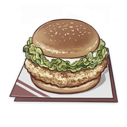 artist_request burger chicken_(food) commentary english_commentary food food_focus genshin_impact lettuce lowres mayonnaise meat muted_color napkin no_humans official_art still_life third-party_source transparent_background