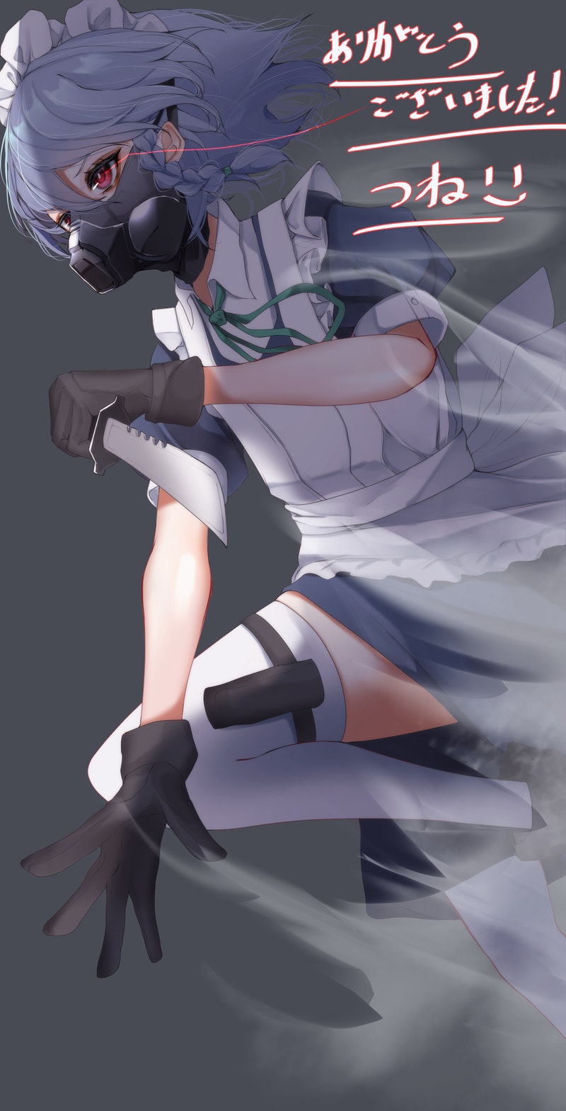 1girl apron arm_up bangs black_gloves blue_shirt braid collared_shirt combat_knife commentary_request commission feet_out_of_frame frills from_side gloves green_neckwear green_ribbon grey_background headdress highres holster izayoi_sakuya jumping knife knife_holster light_trail looking_to_the_side maid maid_apron maid_headdress mask red_eyes respirator reverse_grip ribbon serious shirt short_hair silver_hair skeb_commission smoke solo sunlight thigh-highs thigh_holster touhou tsune_(tune) twin_braids upper_body weapon white_legwear wing_collar