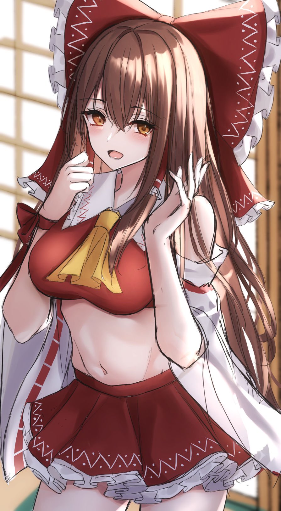 .me 1girl arm_ribbon ascot bangs bare_shoulders blush bow breasts brown_eyes brown_hair collared_shirt detached_sleeves door eyebrows_visible_through_hair fingernails frills grey_sleeves hair_between_eyes hair_bow hair_ornament hair_tubes hakurei_reimu hands_up highres indoors large_bow long_hair long_sleeves looking_to_the_side medium_breasts miniskirt navel open_mouth red_bow red_ribbon red_shirt red_skirt ribbon shirt sketch skirt smile solo standing stomach teeth tongue touhou white_sleeves wide_sleeves yellow_ascot